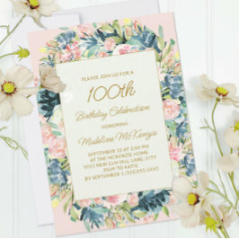 Convites Teal Rosa Vintage Botânico Floral 100º Aniversário