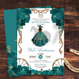 Convites Teal Rosa Western Charro Quinceanera