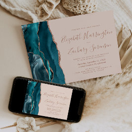 Convites Teal Rose Gold Agate Blush Horizontal Wedding