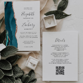 Convites Teal Rose Gold Agate QR Code Wedding Invitation