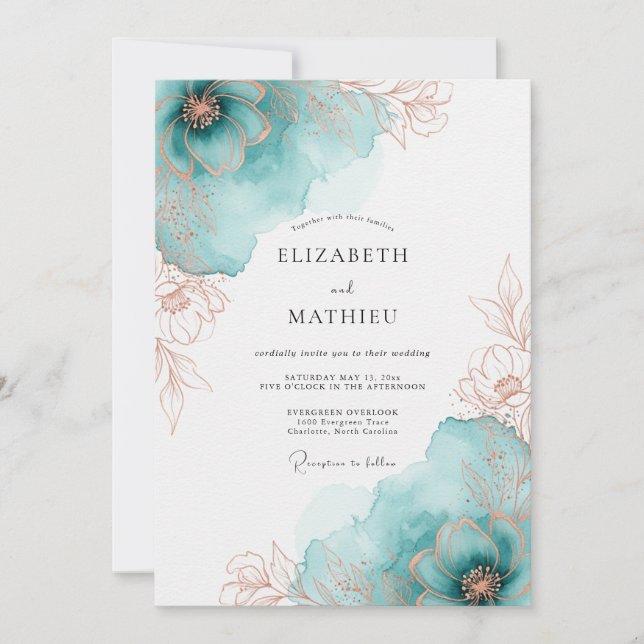 Convites Teal Rose Gold Artistic Spring Wedding (Frente)