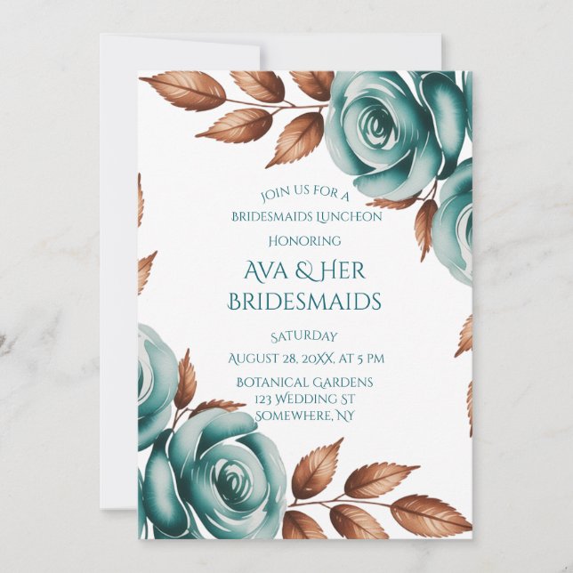 Convites Teal Roses and Bronze Leaves Bridesmaids Luncheon (Frente)