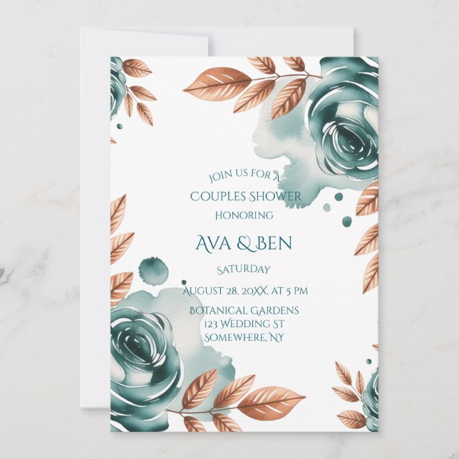 Convites Teal Roses and Copper Leaves Couples Shower (Frente)