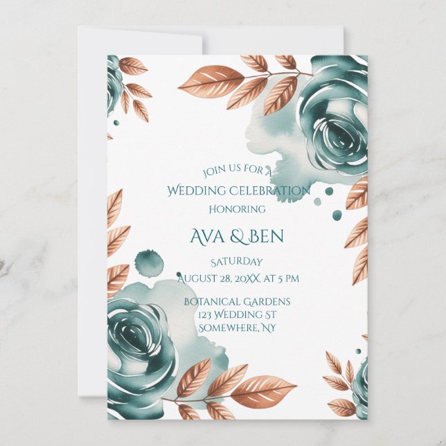 Convites Teal Roses and Copper Leaves Wedding Celebration  (Frente)