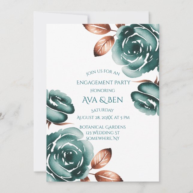 Convites Teal Roses and Copper Leaves Wedding Shower (Frente)
