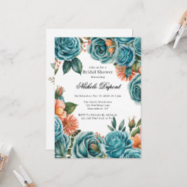 Convites Teal Roses and Orange Floral Bridal Shower