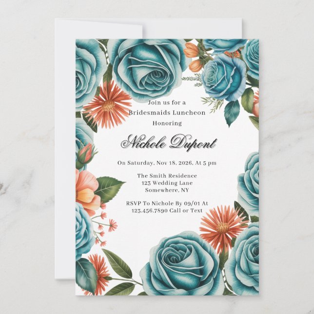 Convites Teal Roses and Orange Floral Bridesmaids Luncheon (Frente)