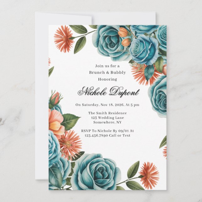 Convites Teal Roses and Orange Floral Brunch & Bubbly (Frente)