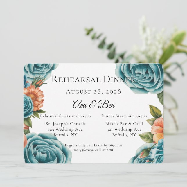 Convites Teal Roses and Orange Floral Rehearsal Dinner (Em pé/Frente)