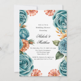 Convites Teal Roses and Orange Floral Wedding Shower