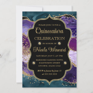 Convites Teal, Roxo e Dourado Agate Quinceanera com Brilho