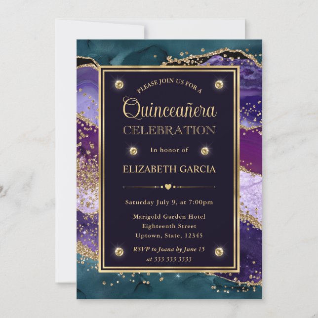Convites Teal, Roxo e Dourado Brilho Agata Quinceanera (Frente)
