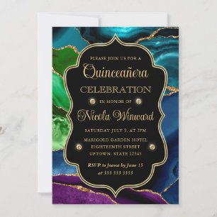 Convites Teal, Roxo e Dourado Brilho Agata Quinceanera