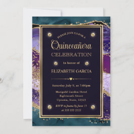 Convites Teal, Roxo e Dourado Glitter Agate Quinceanera