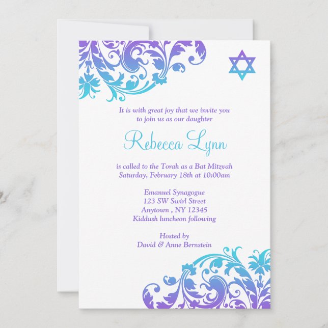 Convites Teal Roxo Elegante Bat Mitzvah (Frente)