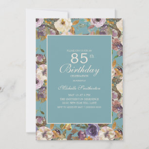 Convites Teal Roxo Mostarda Marfim Floral 85º Aniversário