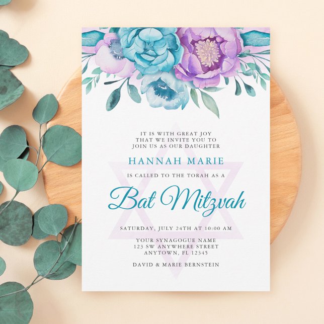 Convites Teal Roxo Watercolor Bat Mitzvah (Criador carregado)