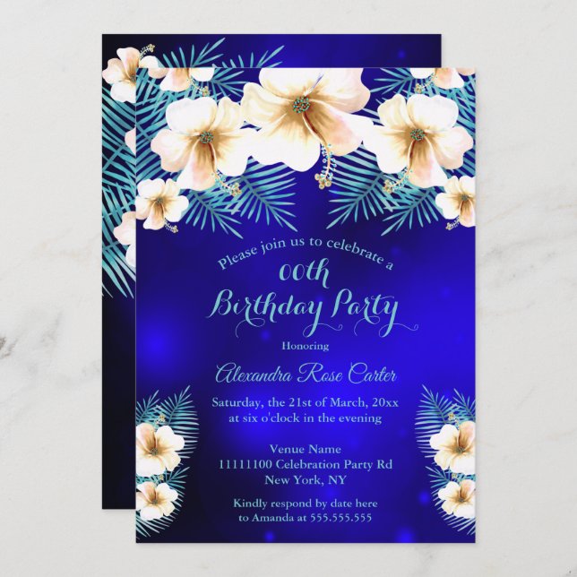 Convites Teal Royal Blue Tropical Festa de aniversário flor (Frente/Verso)