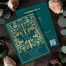 Convites Teal Royal Medieval Gold Sword Wedding QR Code