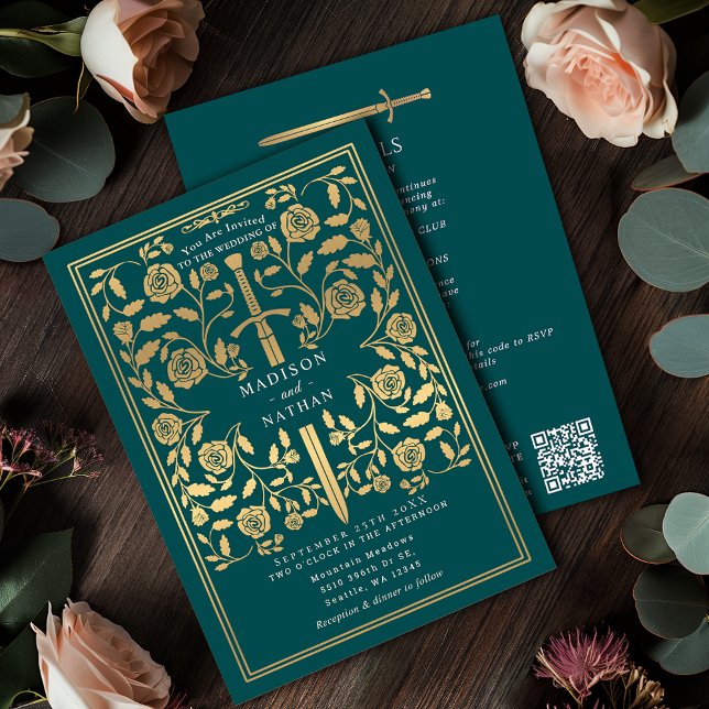 Convites Teal Royal Medieval Gold Sword Wedding QR Code (Criador carregado)