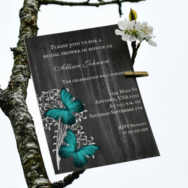 Convites Teal Rustic Butterfly Chá de panela Invite (Teal Rustic Butterfly Bridal Shower Invitation)