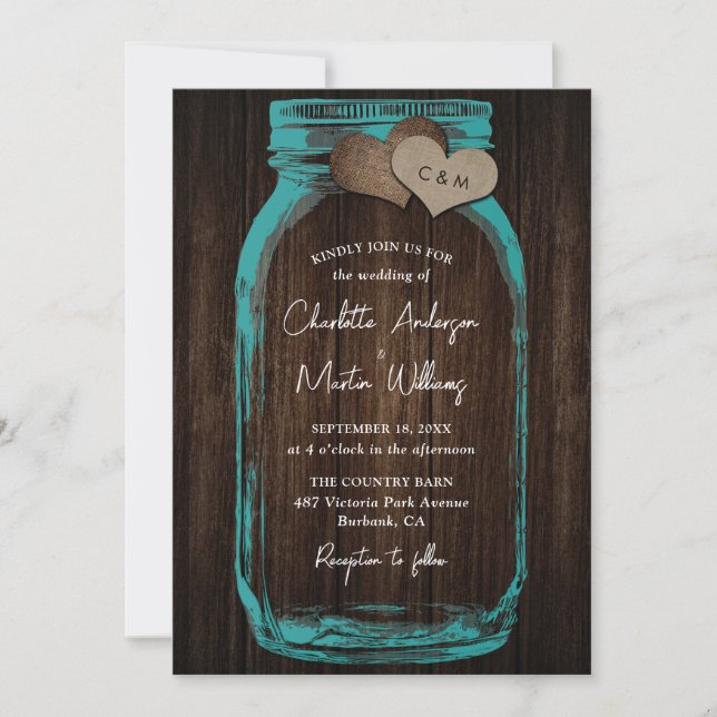 Convites Teal Rustic Wood Burlap Hearts Mason Jar Wedding (Frente)