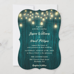 Convites Teal Rustic Wood String Luzes Campo Casamento