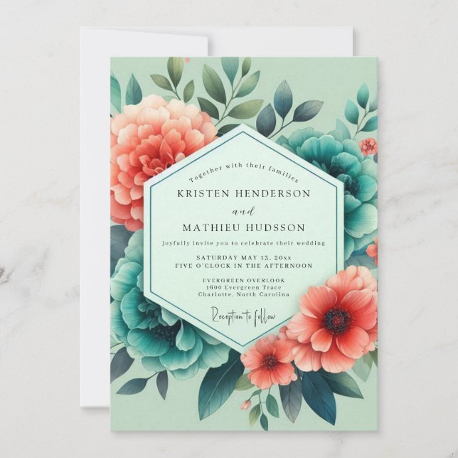 Convites Teal Salmon Aquarelle Wedding (Frente)