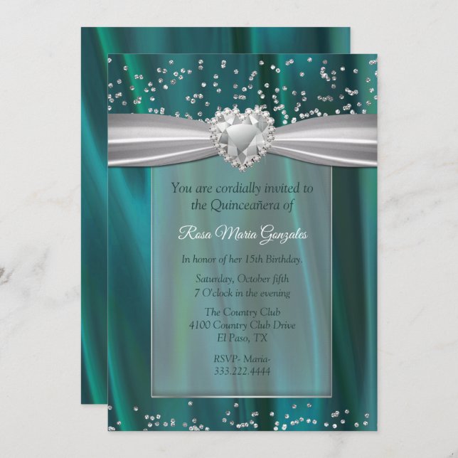 Convites Teal Satin e Diamantes Quinceañera (Frente/Verso)