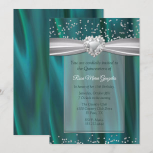 Convites Teal Satin e Diamantes Quinceañera