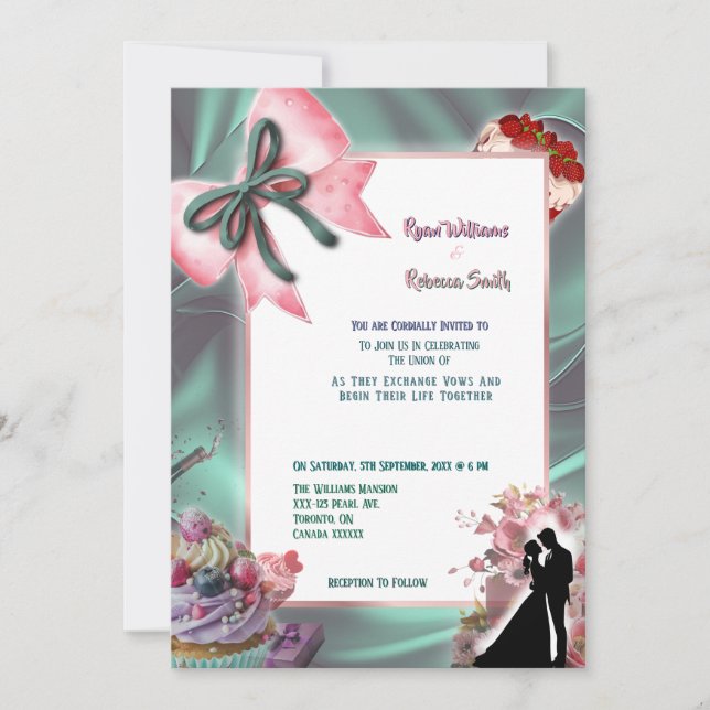Convites Teal Satin & Pink Bow Wedding Invitation (Frente)
