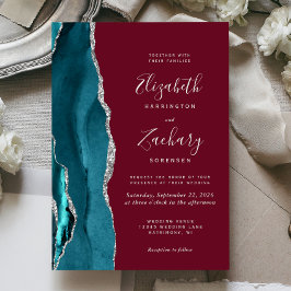Convites Teal Silver Agate Burgundy Wedding Invitation