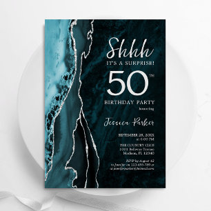 Convites Teal Silver Agate Surprise 50th Birthday