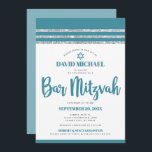 Convites Teal Silver Bar Mitzvah Tallit Simple Modern Bold<br><div class="desc">Tenha orgulho, alegria e mostre este marco do seu Bar favorito Mitzvah! Enviar este convite legal, único, moderno e personalizado para um evento que se lembre. A tipografia empoeirada do roteiro azul-lacre, Estrela de David e um azul-lacre empoeirado e talude-relha prateada inspiraram uma camada gráfica simples e branca. Personalize o...</div>