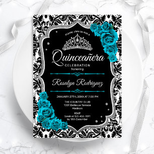 Convites Teal Silver Black Damask Elegante Quinceanera