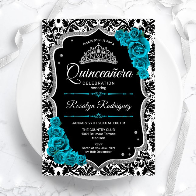 Convites Teal Silver Black Damask Elegante Quinceanera (Criador carregado)