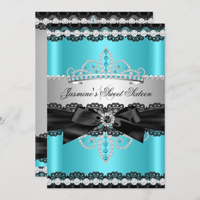 Convites Teal Silver Black Lace Sweet 16 Festa de aniversár (Frente/Verso)