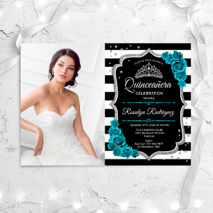 Convites Teal Silver Black Quinceanera Party Com Foto