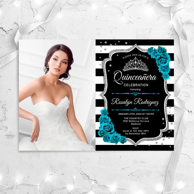 Convites Teal Silver Black Quinceanera Party Com Foto (Criador carregado)
