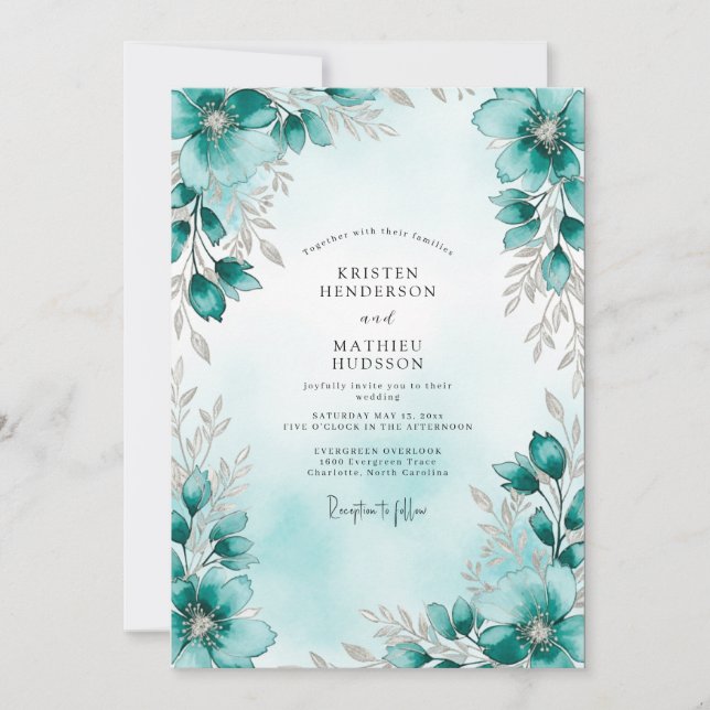Convites Teal Silver Botanical Winter Wedding (Frente)
