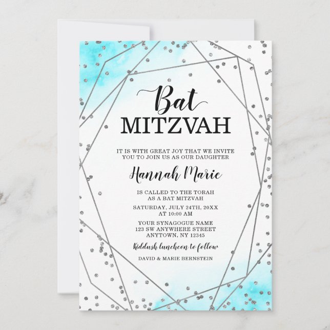 Convites Teal Silver Faux Glitter Geométrico Bat Mitzvah (Frente)