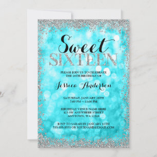 Convites Teal Silver Faux Glitter Lights Sweet 16 Aniversár