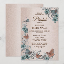 Convites Teal Silver Floral Butterfly Tan Bridal Shower