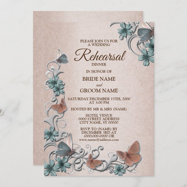 Convites Teal Silver Floral Butterfly Tan Rehearsal Dinner (Frente/Verso)