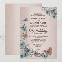 Teal Silver Floral Copper Butterfly Tan Wedding