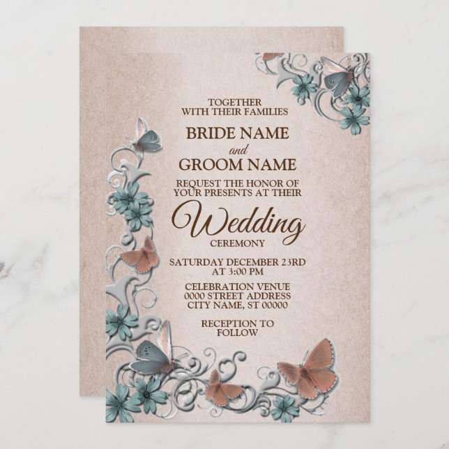 Convites Teal Silver Floral Copper Butterfly Tan Wedding (Frente/Verso)