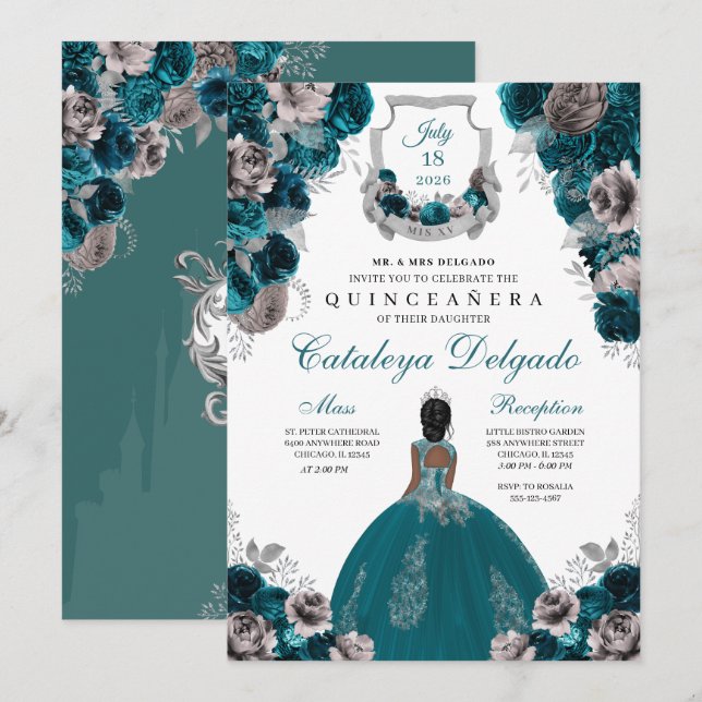 Convites Teal & Silver Floral Elegante Quinceañera (Frente/Verso)