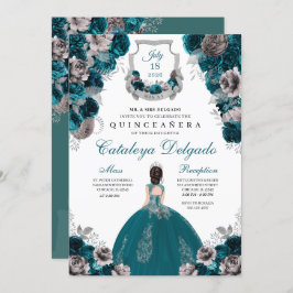 Convites Teal & Silver Floral Elegante Quinceañera