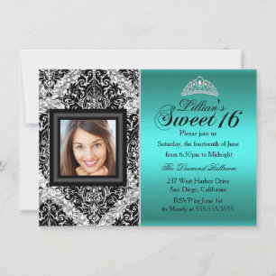 Convites Teal Silver Glitter Damask Foto Sweet 16