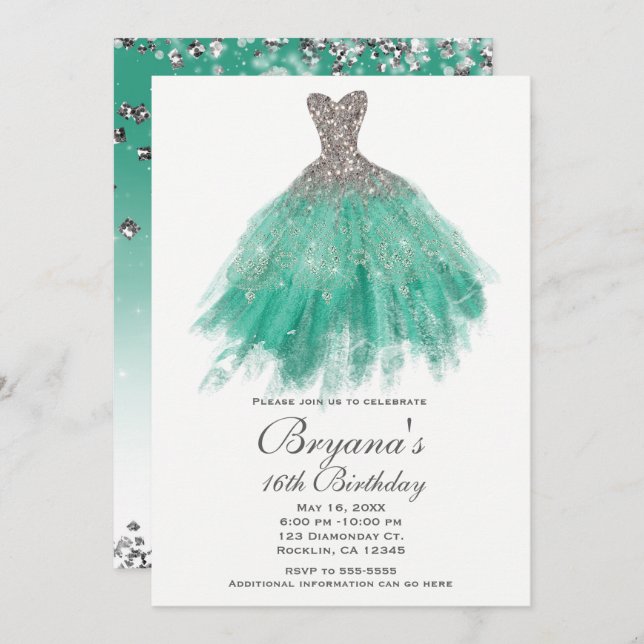 Convites Teal & Silver Glitter Glamor Dress Doce 16 Partido (Frente/Verso)